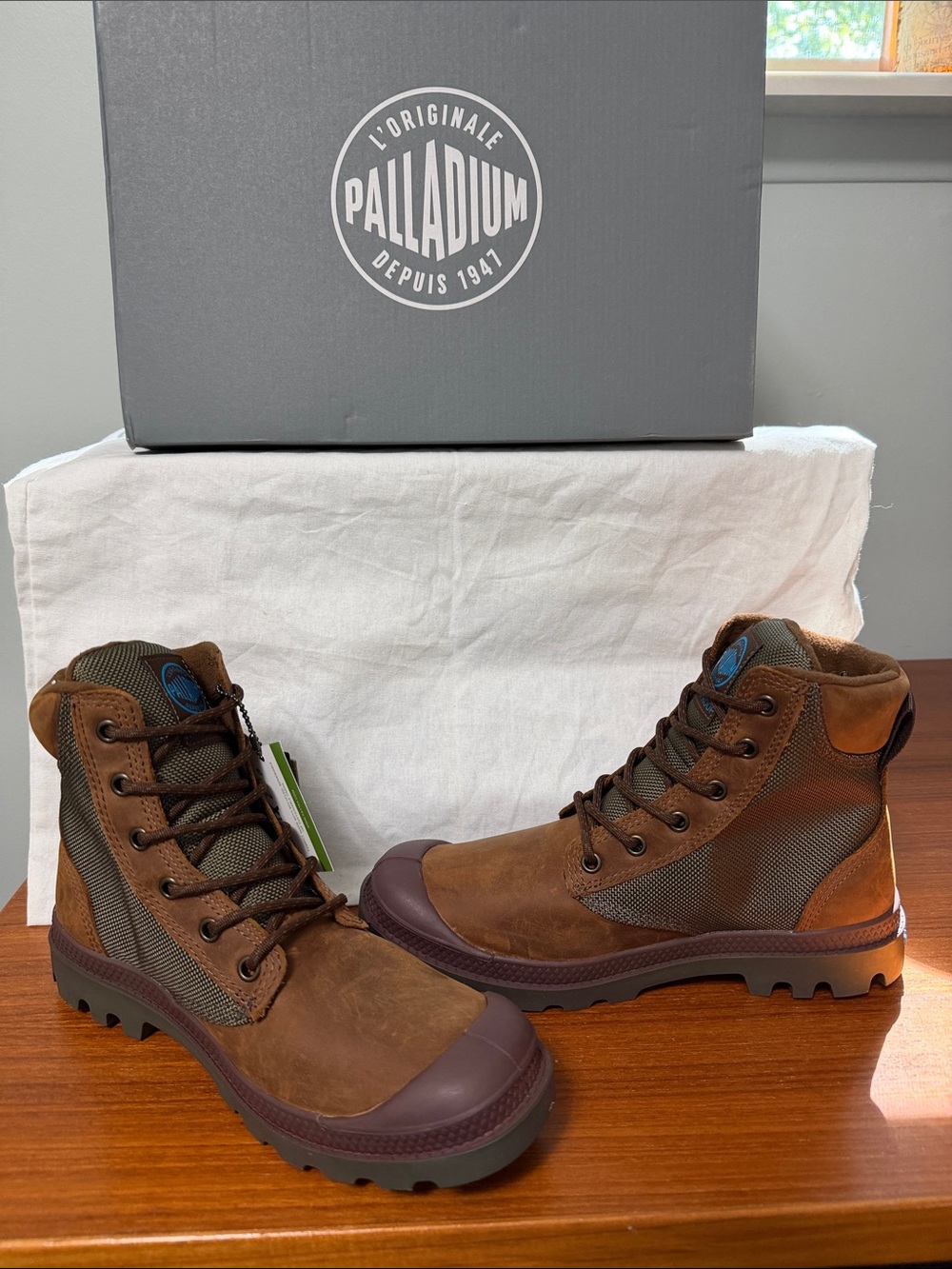 Palladium Brown & Olive Leather-Trim Combat Boots